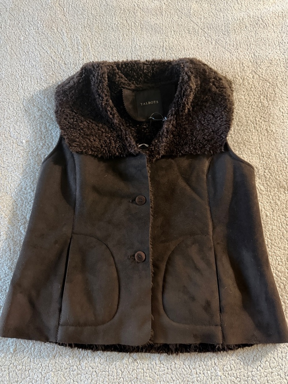 Talbots Chocolate Brown Faux-Shearling Collar Vest Size 14